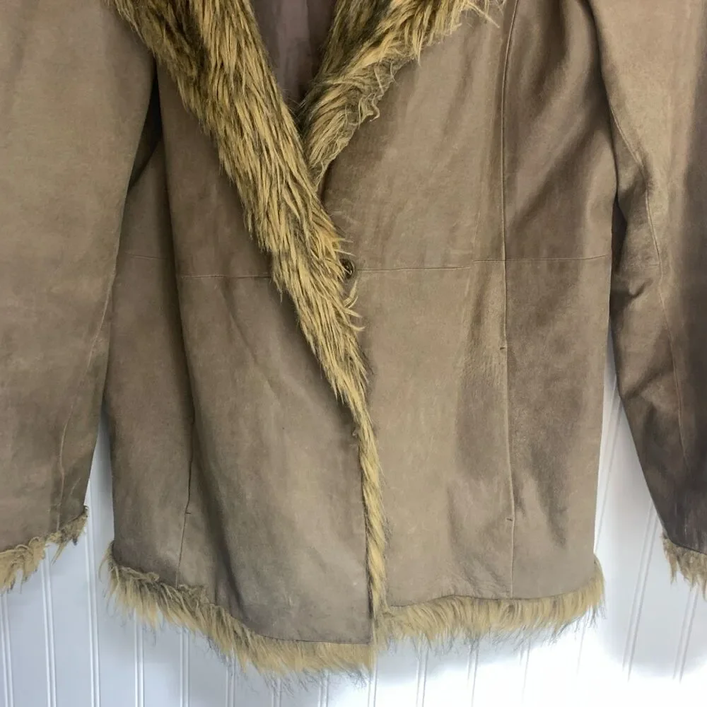 Vintage Newport News Leather Coat Womens M Brown Faux Fur Trim Y2K Boho - Picture 4 of 14